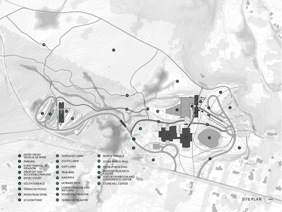 景观将园区体验延伸到140英亩的全部空间内。 Landscape intervention expands visiting experience to 140 acres campus space.