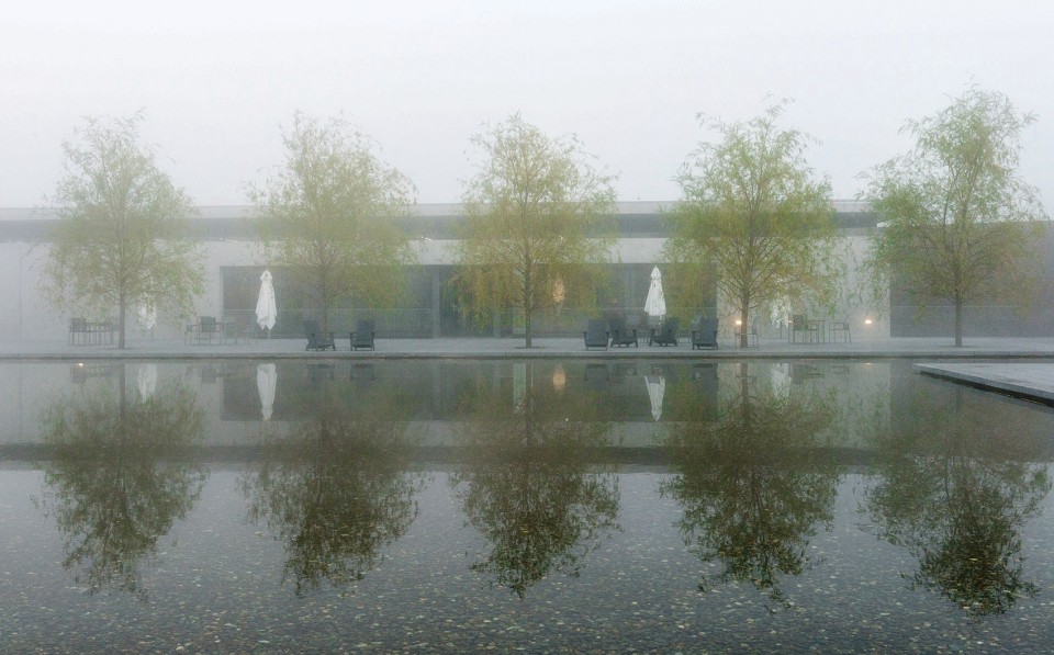 精心选择的低矮柳树在晨雾中重新定义建筑的尺度感 Selected willow re-scaled architecture in morning fog.