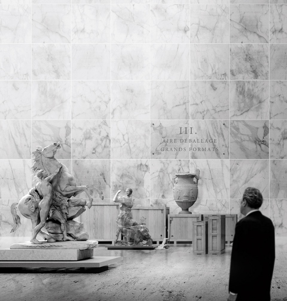 DETAIL OF THE LARGE FORMAT UNPACKING AREA INSIDE THE CATHEDRAL 开箱大厅,墙面细部。