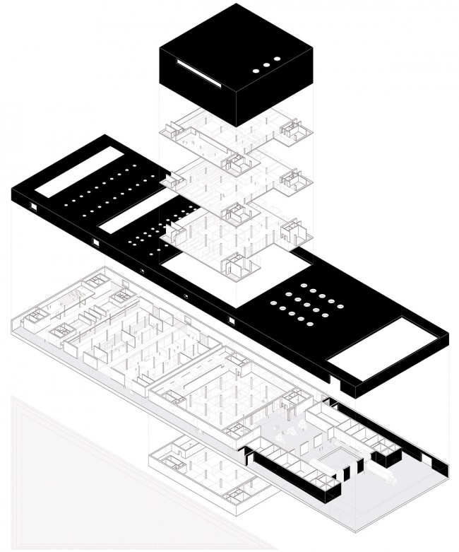 GENERAL AXONOMETRIC VIEW 轴测图,大立方体体量就是建筑的主要储藏空间