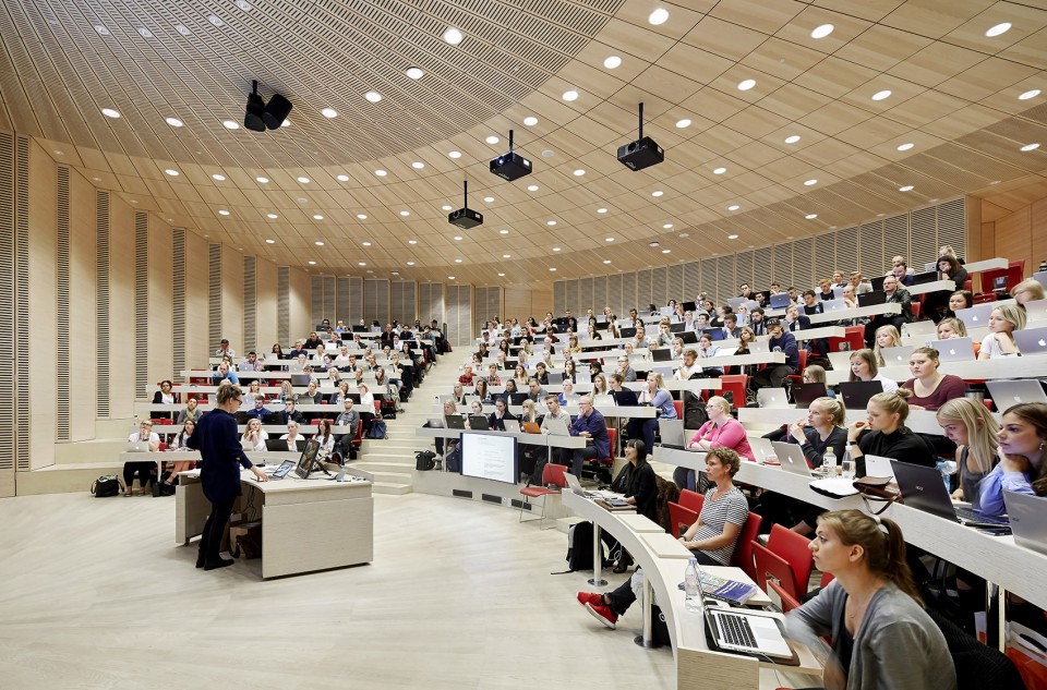 With its triangular shape, Campus Kolding of University of Southern Denmark creates a significant new landmark in Kolding. The building is located in Kolding, Denmark, and designed by Henning Larsen Architects. Photo by Hufton + Crow.