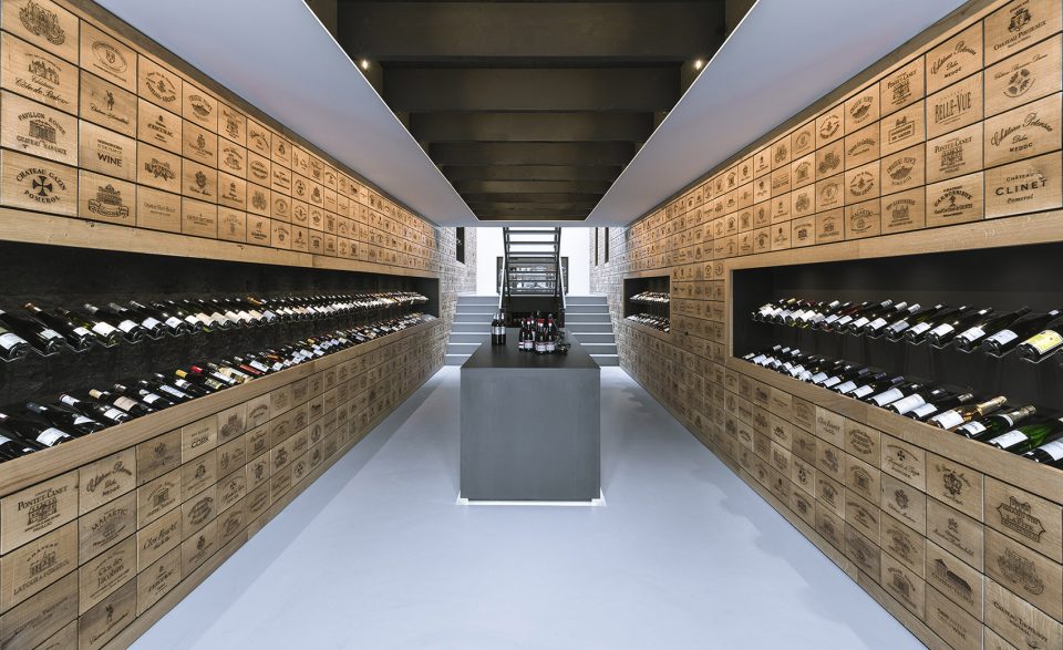 Wineshop Clad with 2100 Engraved Oak Panels