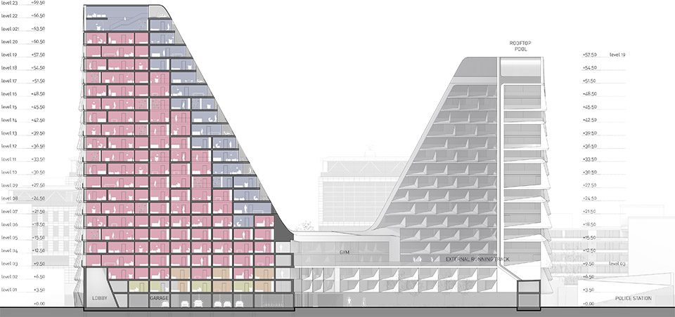 Peter Pichler Architecture looping towers Netherlands SECTION LONGITUDINAL 400