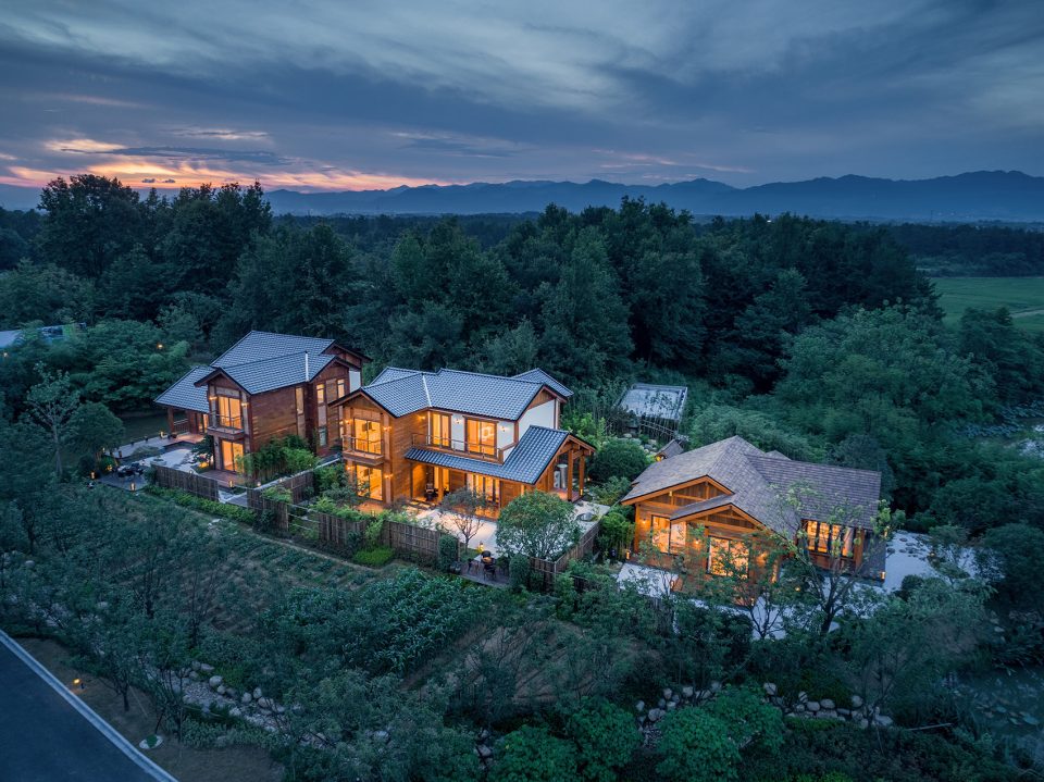 overall view wood structure resort villa