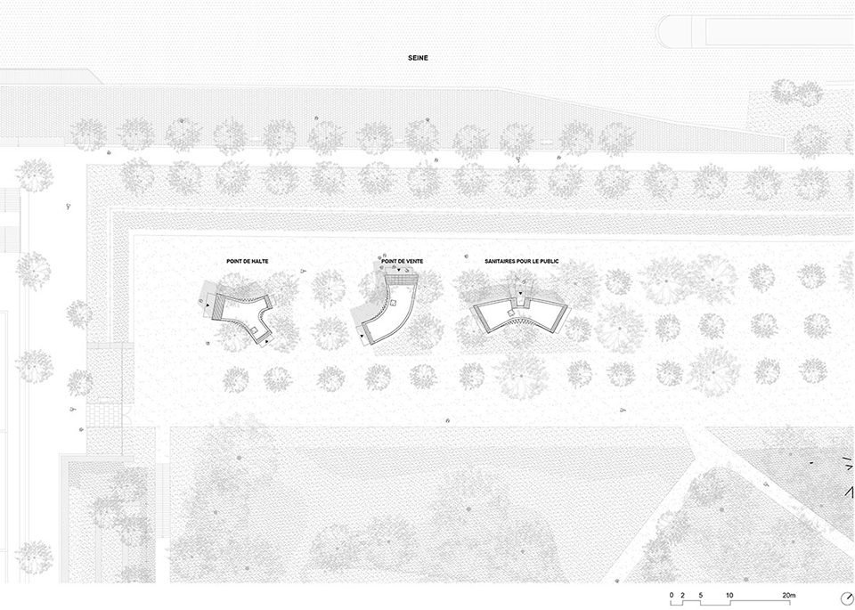 3 Pavilions in Park Along the River Seine by h2o architectes