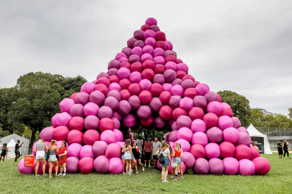 installation pyramid sphere and pyramid tube by cyril lancelin town and concrete