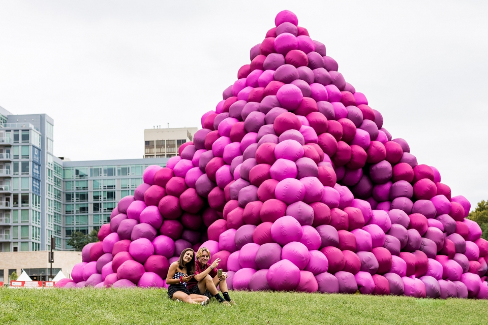 installation pyramid sphere and pyramid tube by cyril lancelin town and concrete