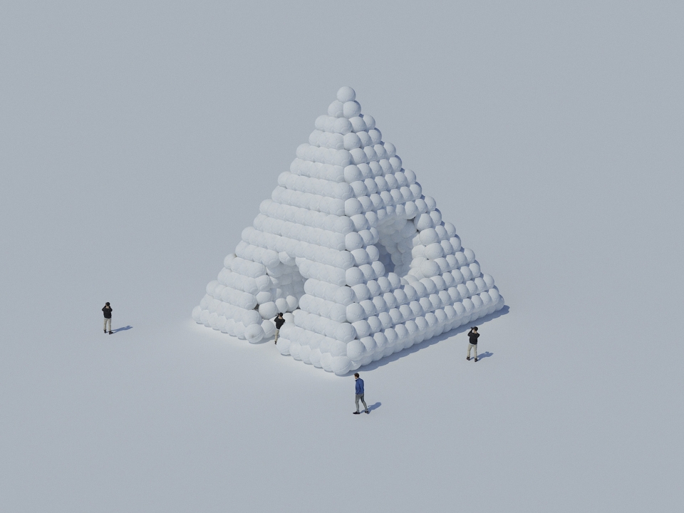 installation pyramid sphere and pyramid tube by cyril lancelin town and concrete