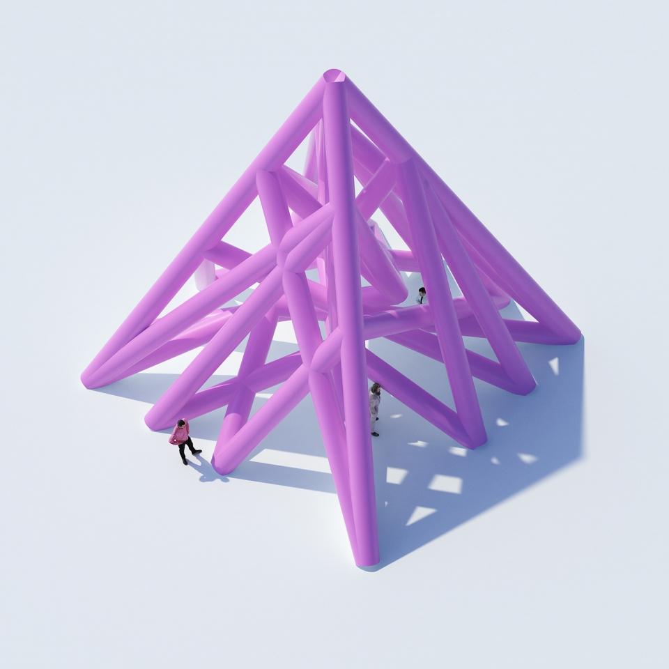 installation pyramid sphere and pyramid tube by cyril lancelin town and concrete
