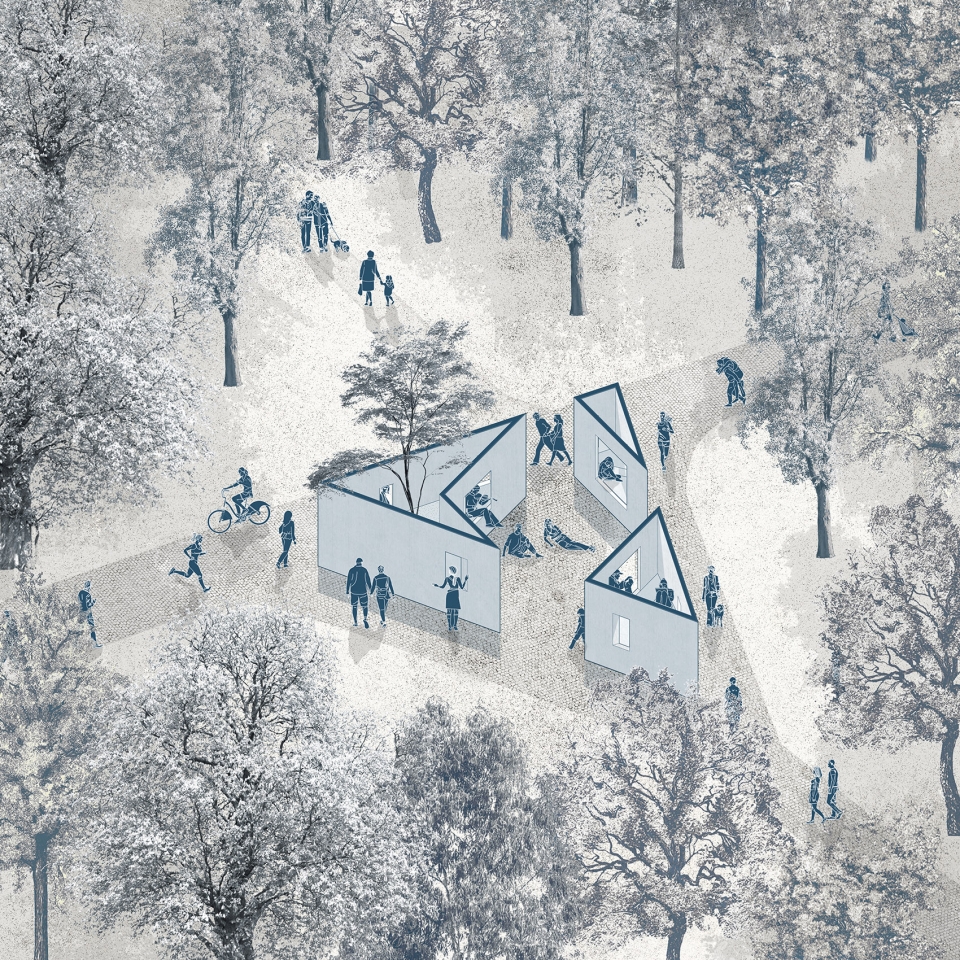 the garden of framed scenes by the open workshop