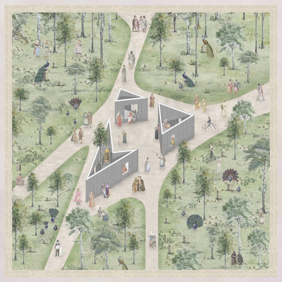 the garden of framed scenes by the open workshop