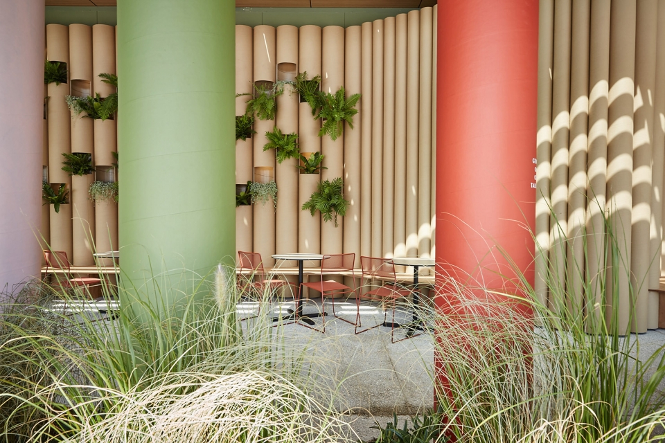 Wulugul Pop-Up installation in Sydney is a multifunctional urban space made  of recyclable cardboard tubes