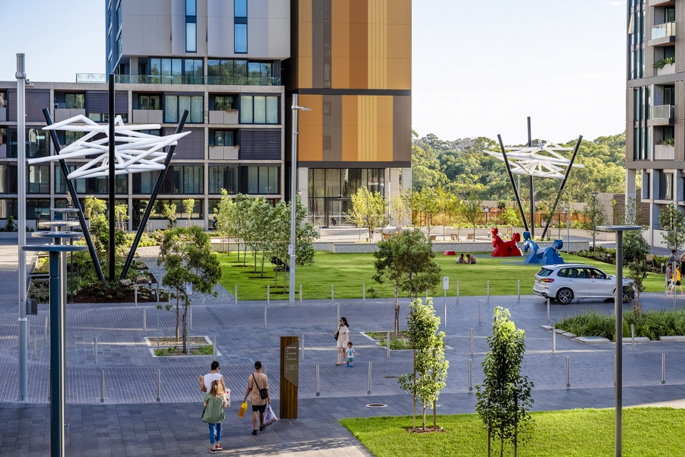 geometric sculptures tower over ryde garden by uap dion horstmans