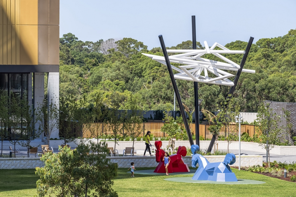geometric sculptures tower over ryde garden by uap dion horstmans