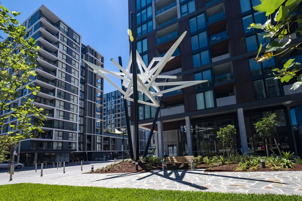 geometric sculptures tower over ryde garden by uap dion horstmans