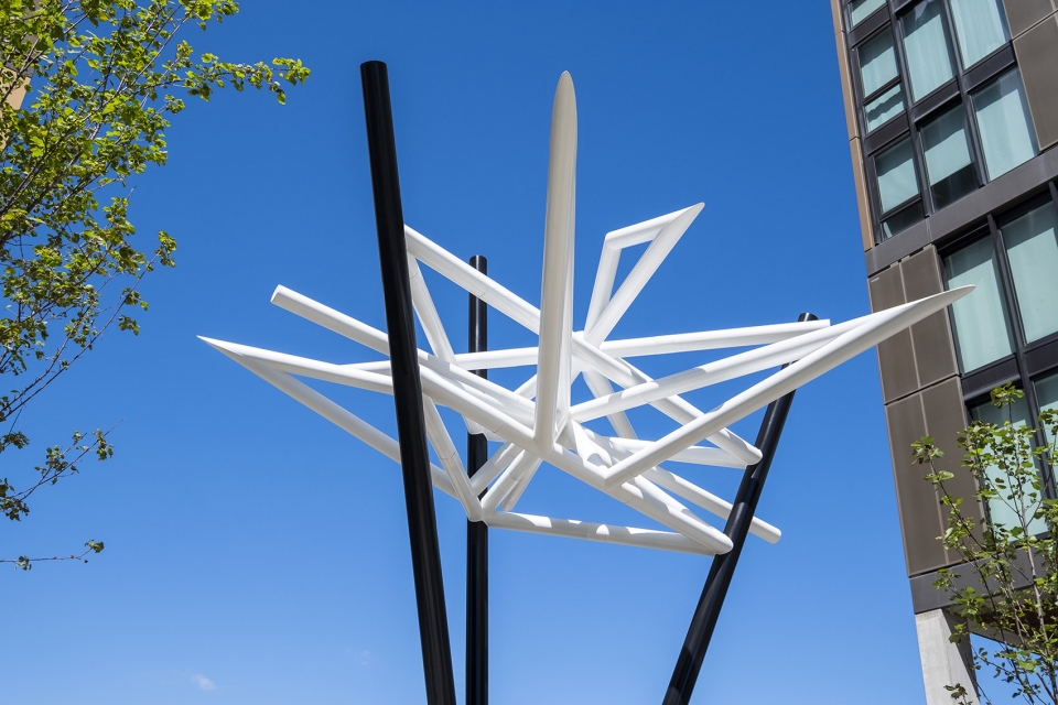 geometric sculptures tower over ryde garden by uap dion horstmans