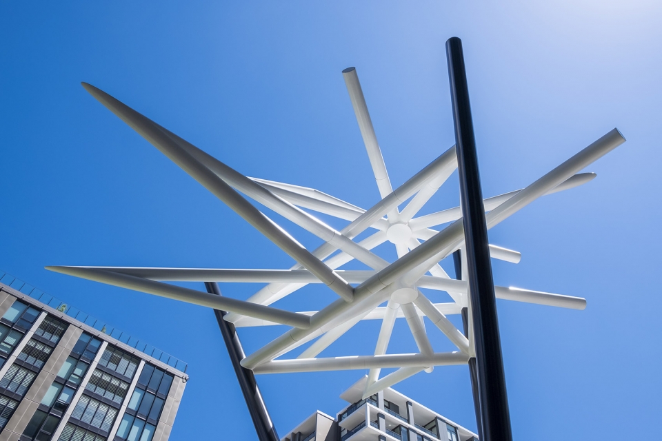 geometric sculptures tower over ryde garden by uap dion horstmans