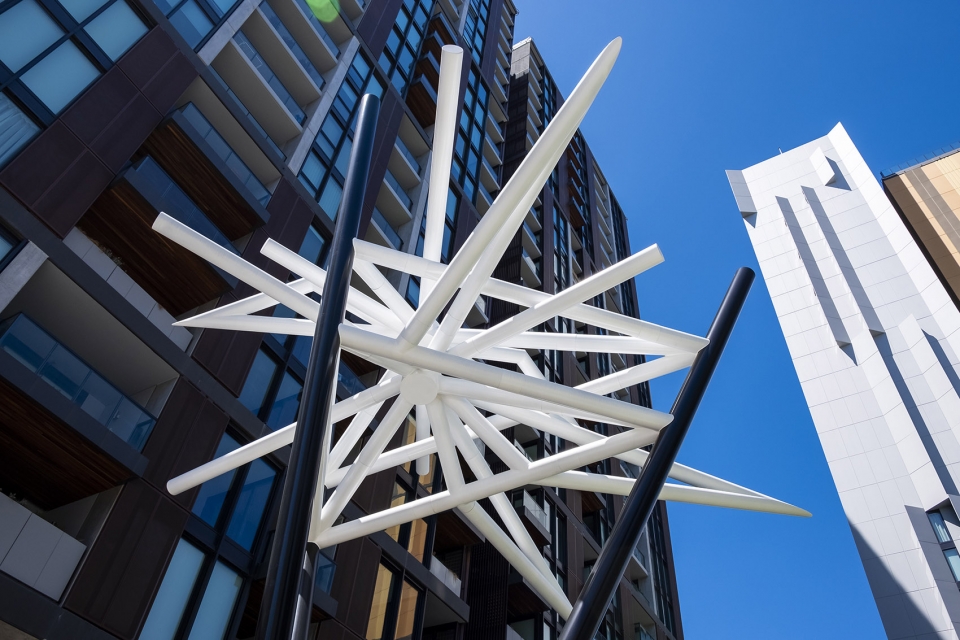 geometric sculptures tower over ryde garden by uap dion horstmans