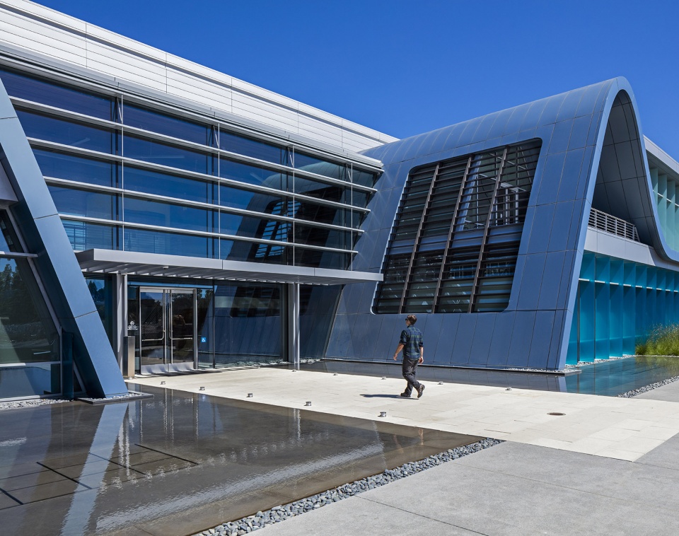 each 35-foot-tall structure comprises two offset wings flanking