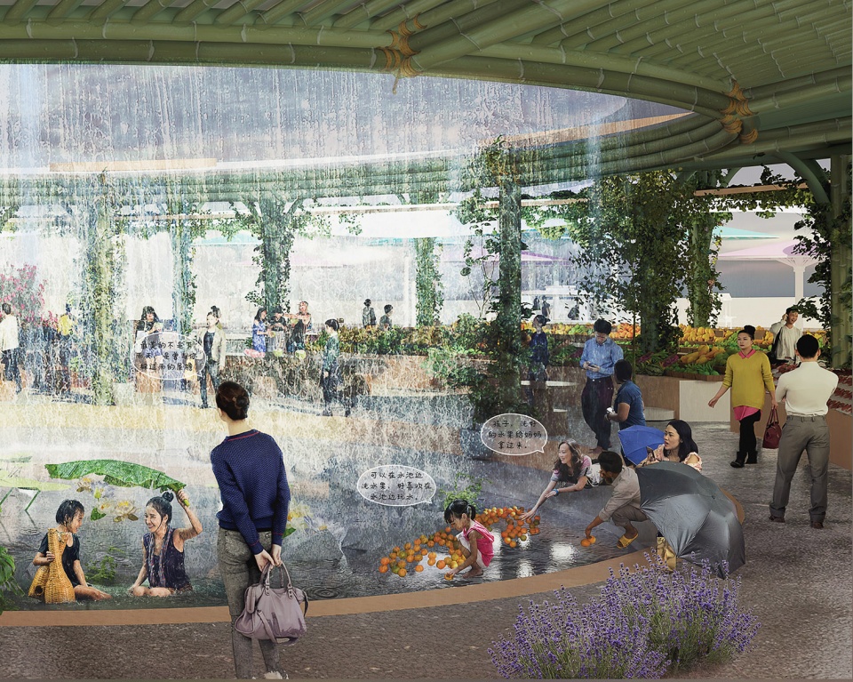 o market water droplets fall into peaceful water china by da architects