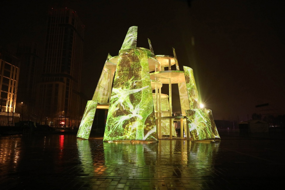 architectural lighting shuttles light and shadow nanjing time tower china by purilighting