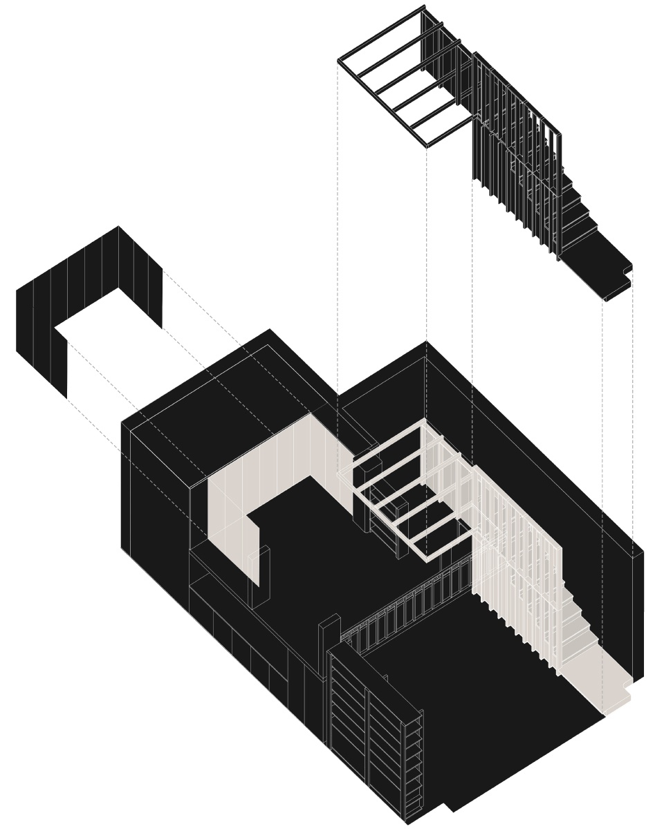 ▼轴测分解,exploded axon08 ebba architects裸露的全木楼梯结构