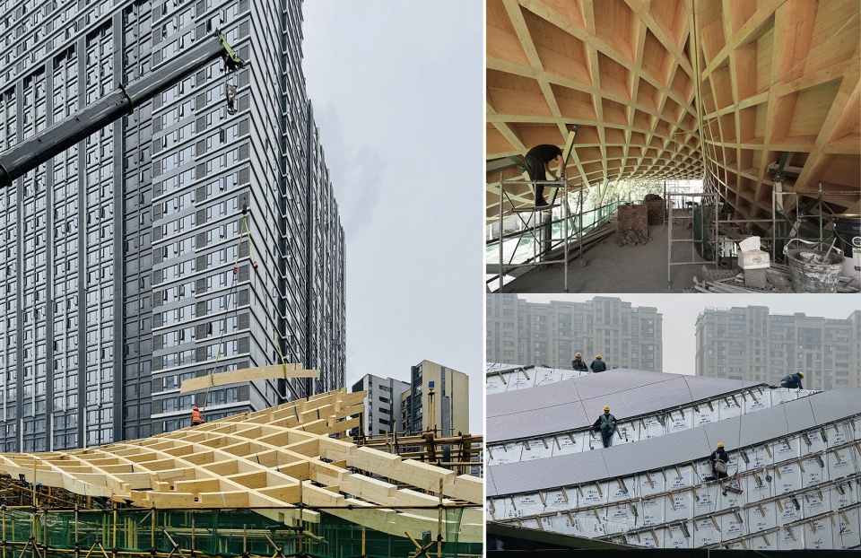 Timber Roofed Restaurant on Jiaozi Avenue China by BEHIVE Architects