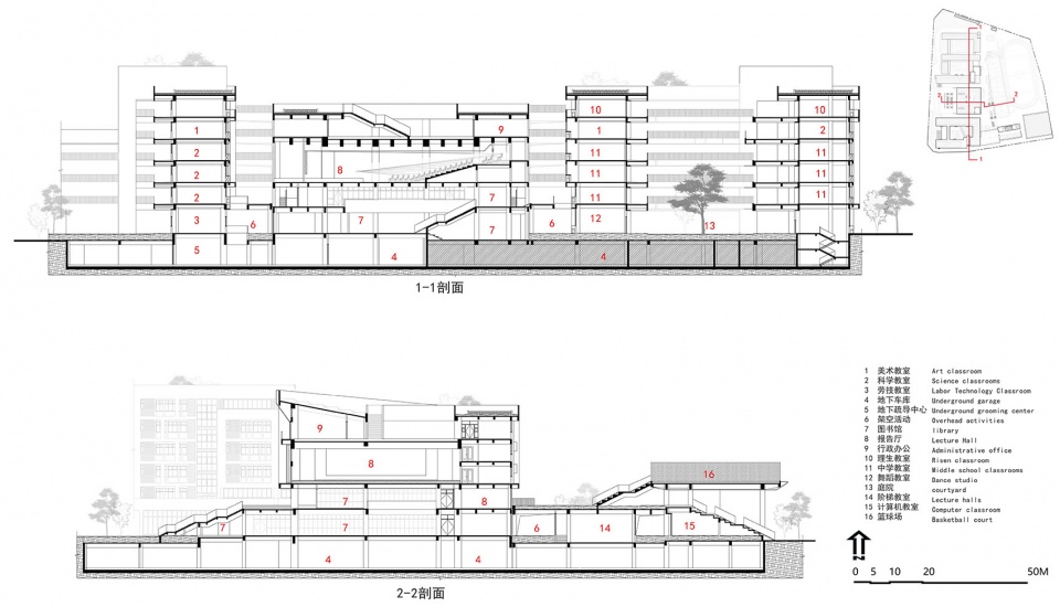 剖面图 shenzhen pingshan keyuan experiment school by cmad architects