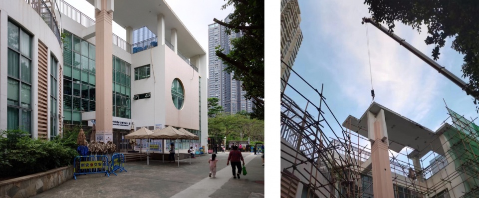 入口原状与装饰顶板拆除过程 ©对角线建筑 Childrens Home Haibei Kindergarten Renovation DJX Design