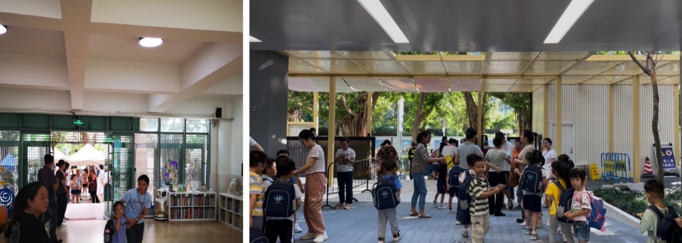 放学接送场景改造前(左)后(右)©对角线建筑 Childrens Home Haibei Kindergarten Renovation DJX Design