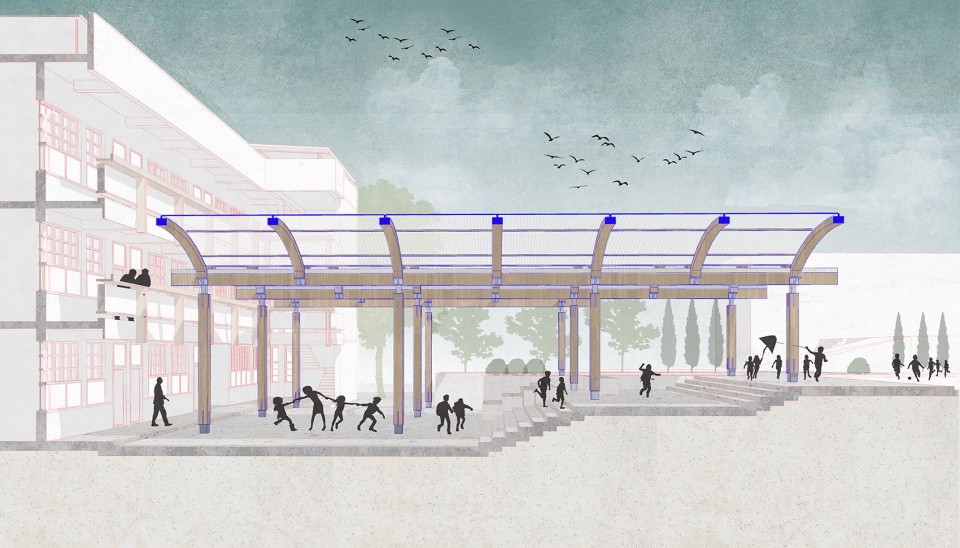 廊架剖面 制作:造作建筑 transformation and regeneration of sunao primary school by zaozuo architecture studio