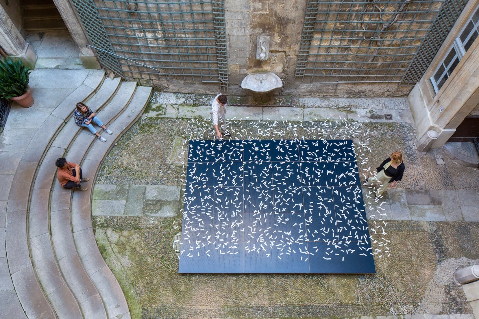 art installation from recycled covid 19 tests by subset