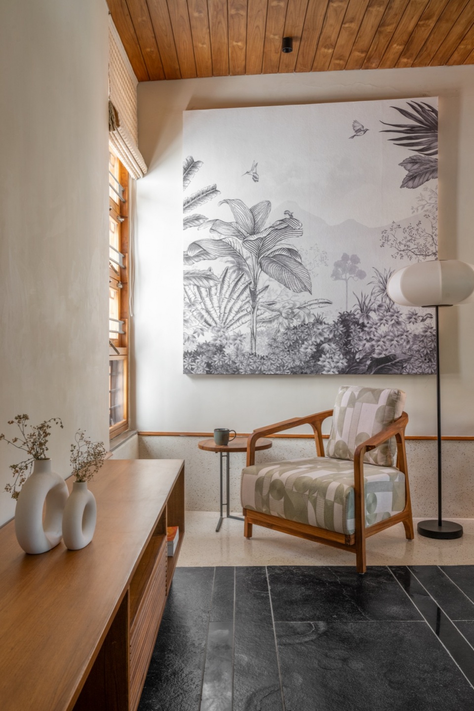 Formal living room kalaakari hath wallpaper turned into artwork terra kota house by terra firma architects