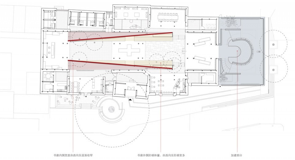 书廊与加建部分示意 Book gallery and the addition part ©迹·建筑事务所TAO