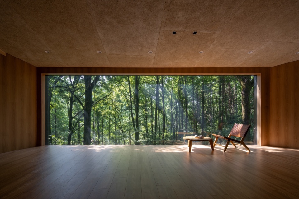 窗外的树木参天之景观“无损”地进入疗愈室的视野 aquatree resort healing cabin by uao