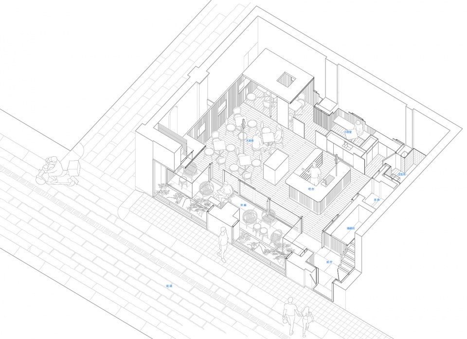 che tea house 轴侧透视图©氹边建筑