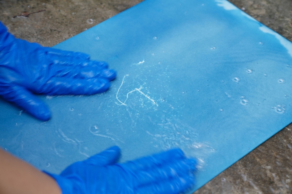 process of cyanotype 3 photographs of shenzhen marine fabric
