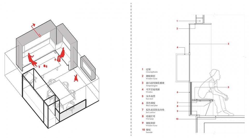 三层空间轴测图与窗构造详图 Axonometric drawing of the third floor space and detailed drawing of the window construction ©URBAN NoMAD