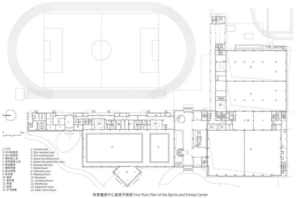 体育健身中心一层平面图huilongguan sports park by cadg daqiarchitects