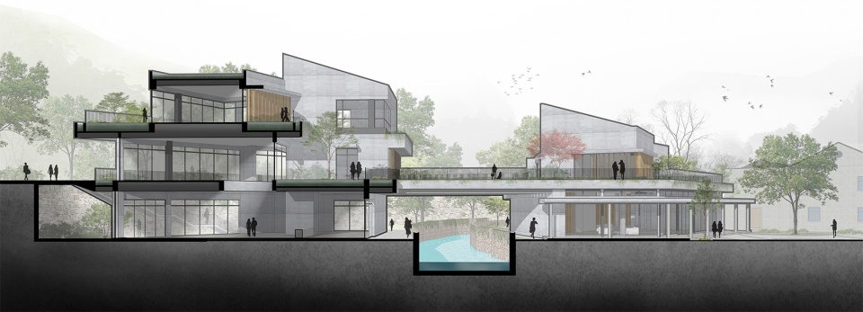 图表 48建筑与场地整体剖面关系The cross sectional jianling environmental learning center
