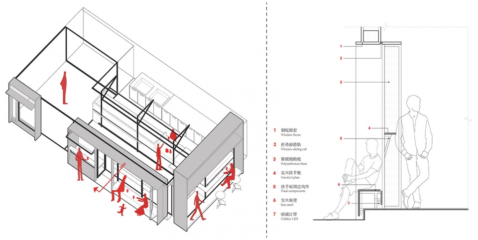 首层空间杆件系统分析图与窗构造详图 Axonometric drawing of the third floor space and detailed drawing of the window construction ©URBAN NoMAD