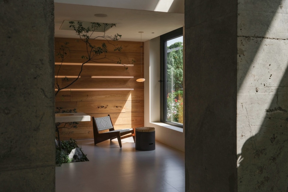 混凝土与老榆木板©金伟琦 salution lighting studio