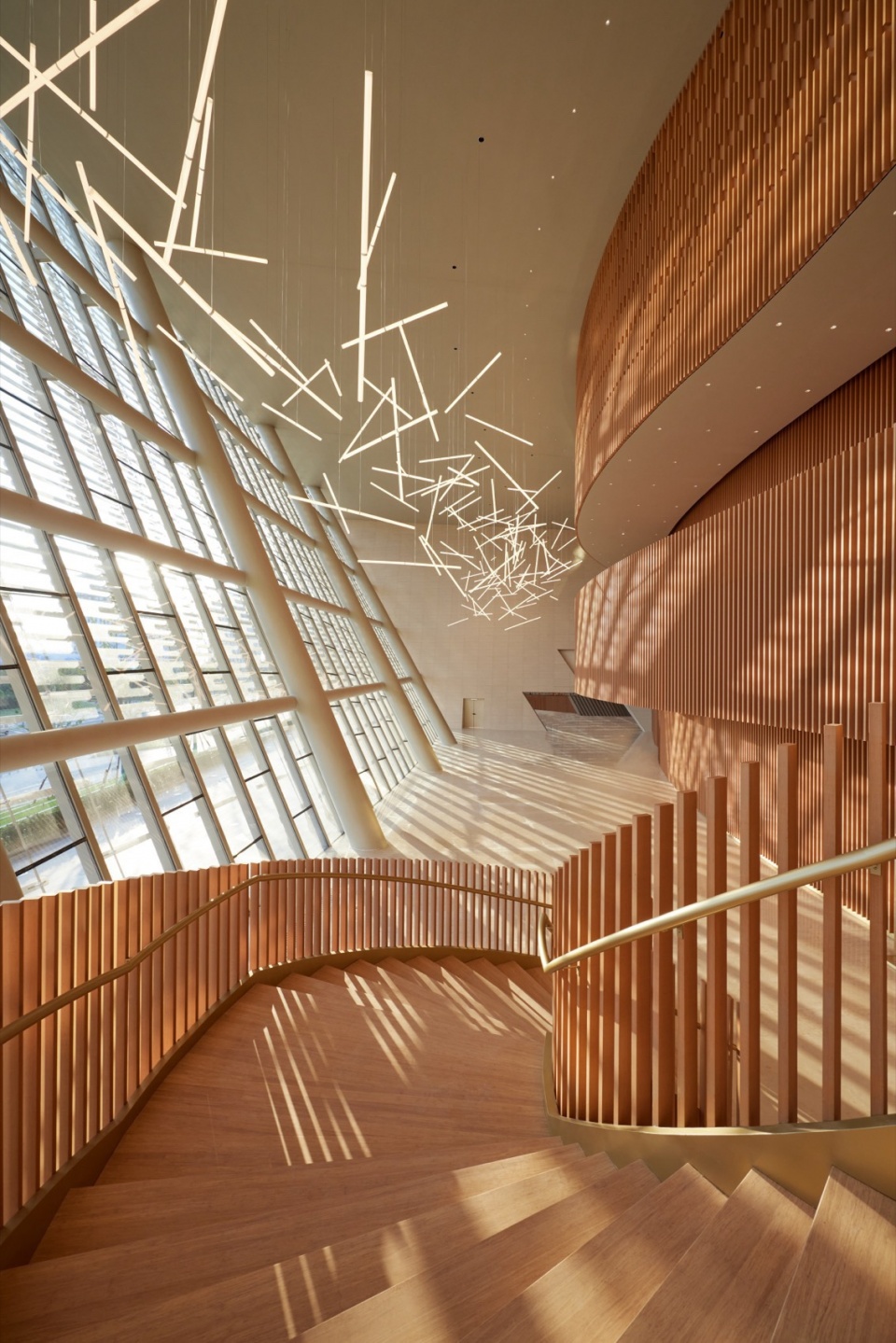PES Nanchang bamboo clad foyer and custom lighting installation 竹饰,前厅,定制照明装置 Ding