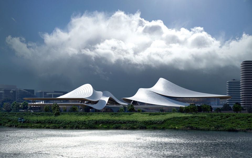 ZHA Caoe River Culture Art Centre Render by Proloog Elevation River