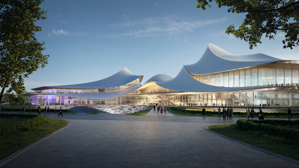 ZHA Caoe River Culture Art Centre Render by Tegmark riverside