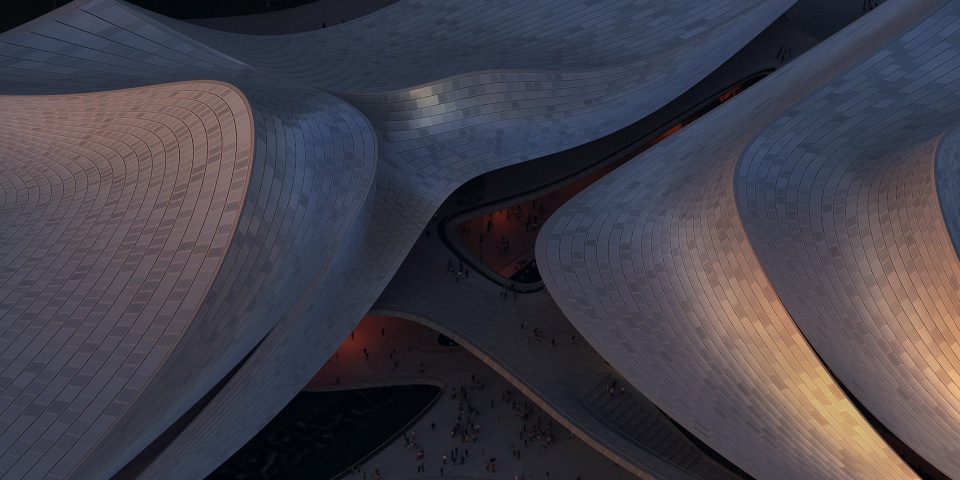 ZHA Caoe River Culture Art Centre Render by Proloog Roofs
