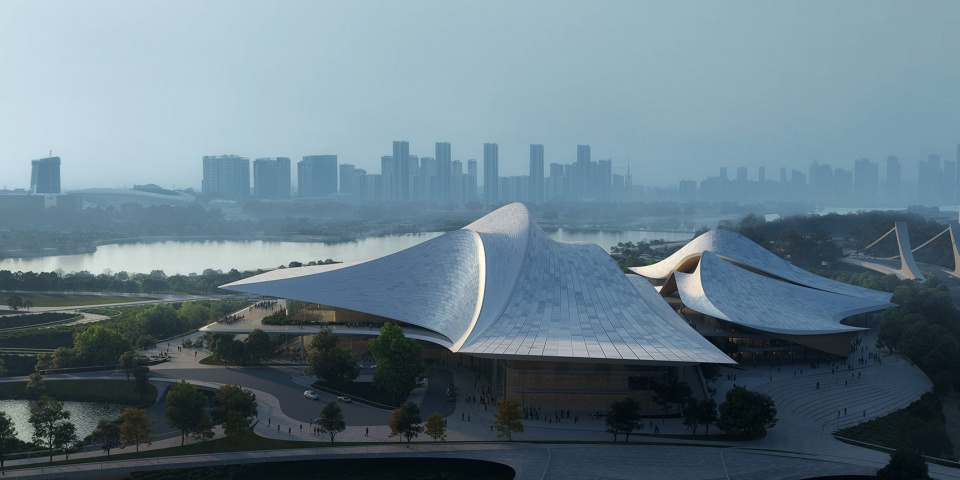 ZHA Caoe River Culture Art Centre Render by Proloog DropOff