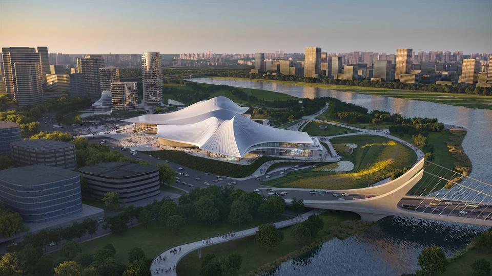 ZHA Caoe River Culture Art Centre Render by Atchain RoadApproach