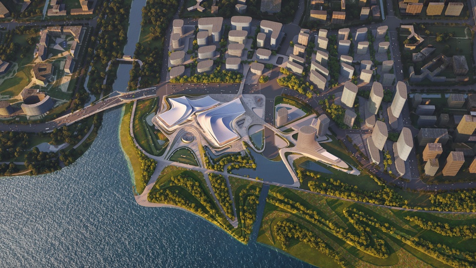 ZHA Caoe River Culture Art Centre Render by Atchain Aerial masterplan