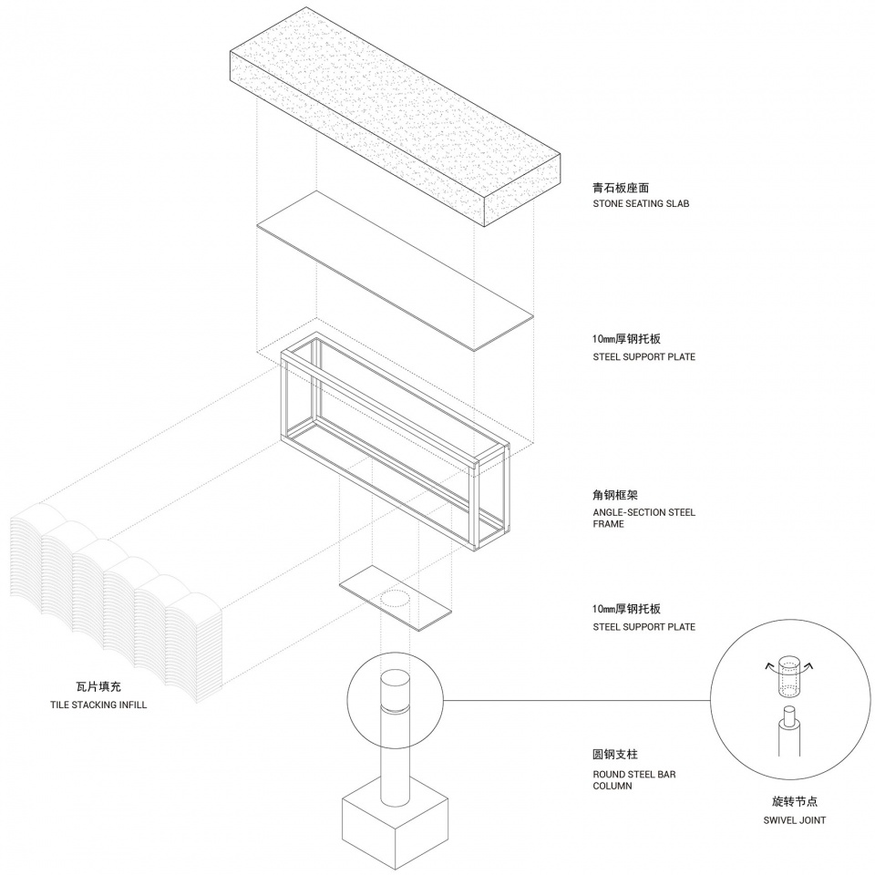 旋转凳构造示意图© 衍述设计Structural Diagram of the Swivel Benchtwo and a half xiajie tea plaza